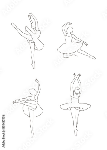 A set of illustrations of ballet movements and choreography, a dance art form that originated in Europe. Line shadow of a ballerina, female dancer.