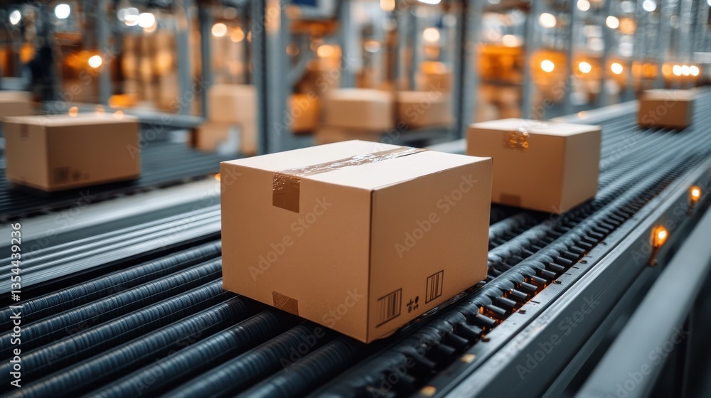 Cardboard Boxes on Conveyor Belt in Warehouse Cardboard Boxes on Conveyor Belt in Warehouse