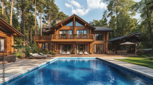 Wallpaper Mural Luxurious log cabin home with swimming pool nestled in woods Torontodigital.ca