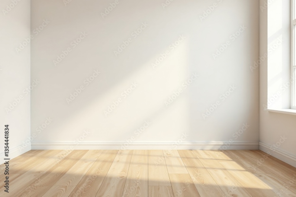 Empty Room with Sunlight Streaming Through Window, Light Wood Floor, and White Walls Empty Room with Sunlight Streaming Through Window, Light Wood Floor, and White Walls