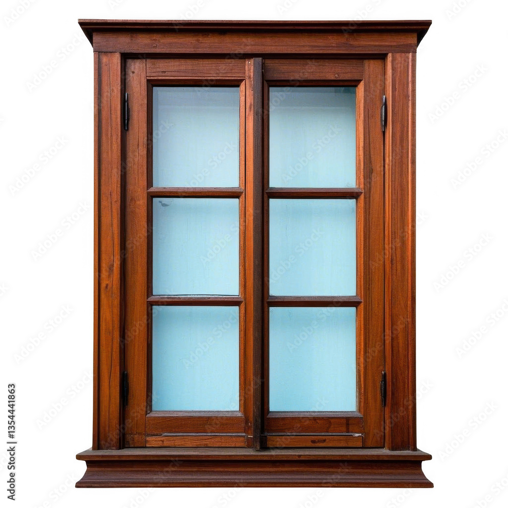A timeless mahogany window, showcasing intricate craftsmanship and elegant design with a light blue glass pane and detailed wooden frame, transparent background. A timeless mahogany window, showcasing intricate craftsmanship and elegant design with a light blue glass pane and detailed wooden frame, transparent background.