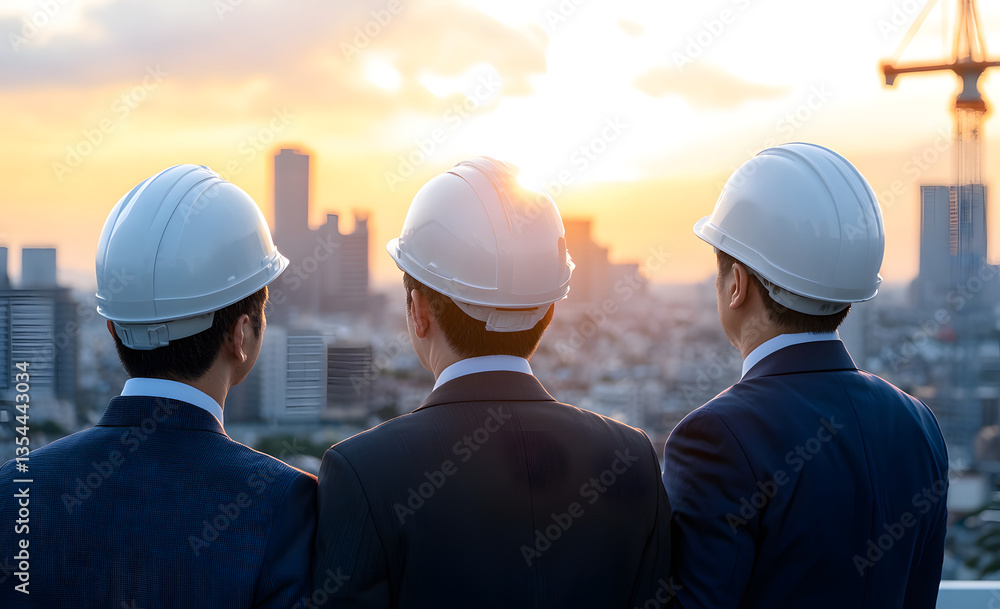 Three business professionals in suits and hard hats observe sunset over city skyline, symbolizing teamwork and future planning in construction and development Three business professionals in suits and hard hats observe sunset over city skyline, symbolizing teamwork and future planning in construction and development