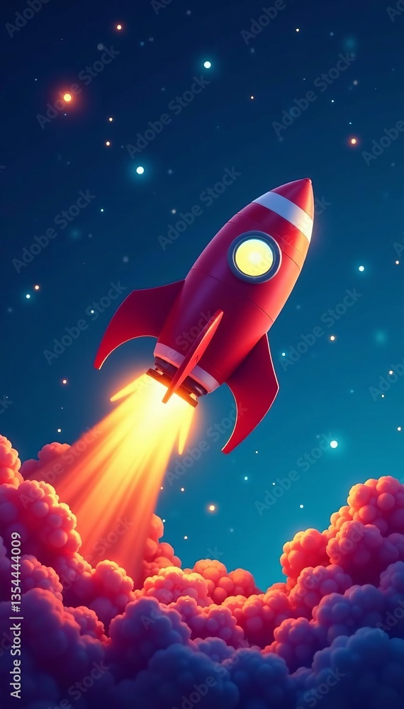 Fototapeta premium Vibrant cartoon rocket ship flying against a starry space background, stars, colorful