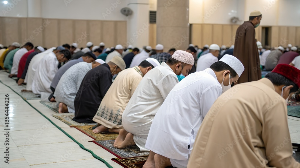 Group of Muslim men bowing in prayer during congregational prayer in a mosque. Concept of faith, community, spirituality, Islam, religion. Group of Muslim men bowing in prayer during congregational prayer in a mosque. Concept of faith, community, spirituality, Islam, religion.