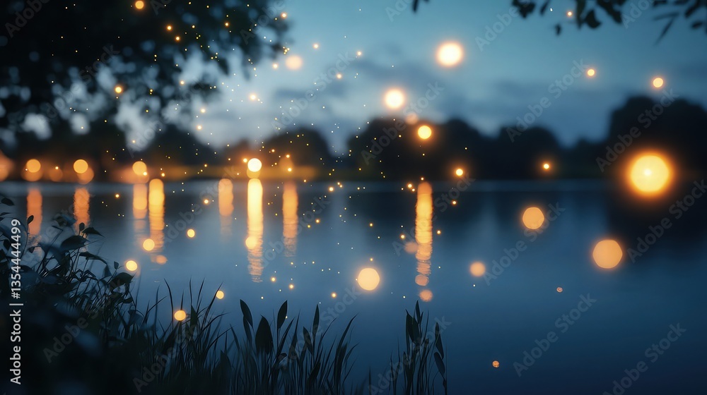 A serene lakeside scene at night illuminated by a blurred holographic display of floating lights that create a dreamlike atmosphere. A serene lakeside scene at night illuminated by a blurred holographic display of floating lights that create a dreamlike atmosphere.