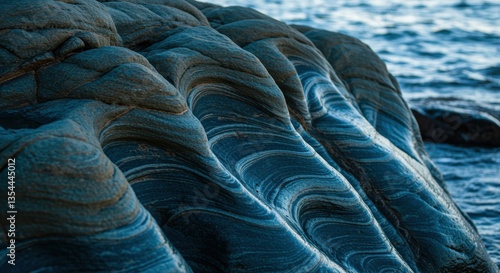 Textured rocks jut into the sea, showcasing beautiful blue and grey striations. The natural formations exude tranquility, uniting land and water harmoniously.
