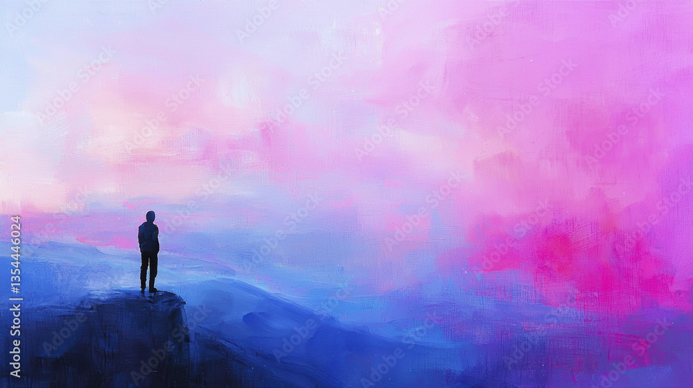 Obraz premium person stands on cliff, gazing at vibrant pink and blue sky, evoking sense of wonder and tranquility