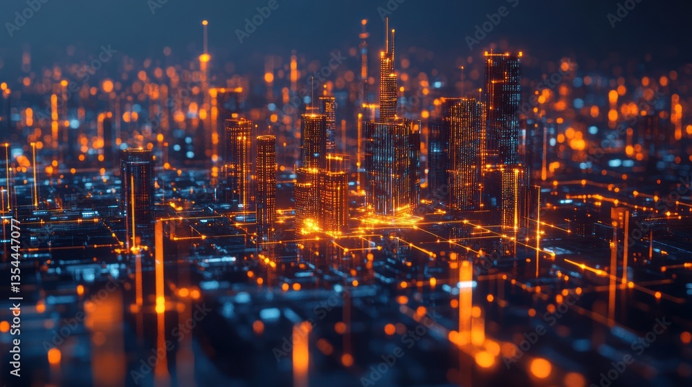 Fototapeta premium Futuristic city network cityscape, abstract, digital, illustration, use in technology or science, background, concept