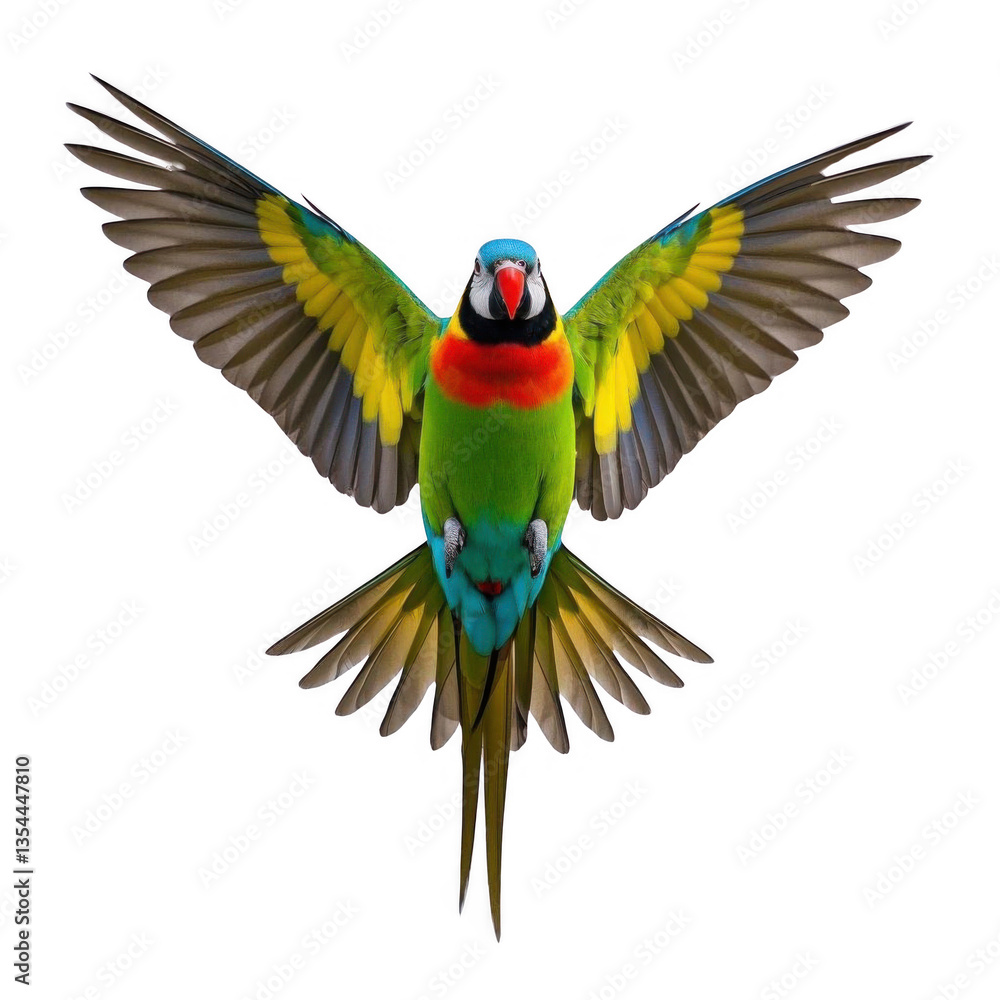 Fototapeta premium A vibrant rainbow lorikeet in majestic flight, wings spread wide against a clean transparent background showcasing its dazzling plumage.