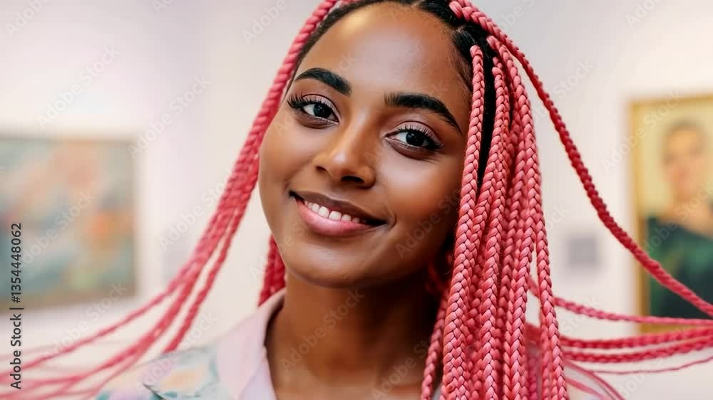 Confident woman smiling with vibrant pink braids in art gallery setting Confident woman smiling with vibrant pink braids in art gallery setting