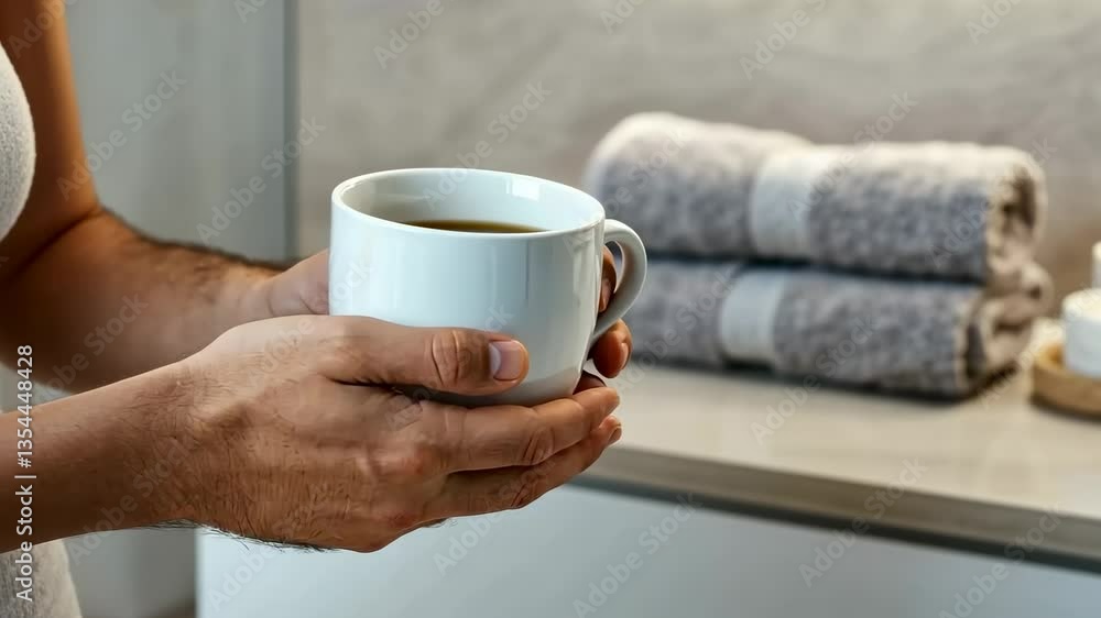 Relaxing morning routine: hands holding coffee cup in cozy bathroom setting Relaxing morning routine: hands holding coffee cup in cozy bathroom setting