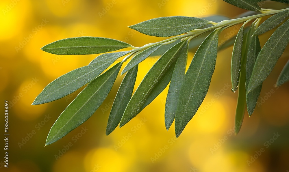 Obraz premium Olive Branch with Green Leaves and Water Droplets on Yellow Background
