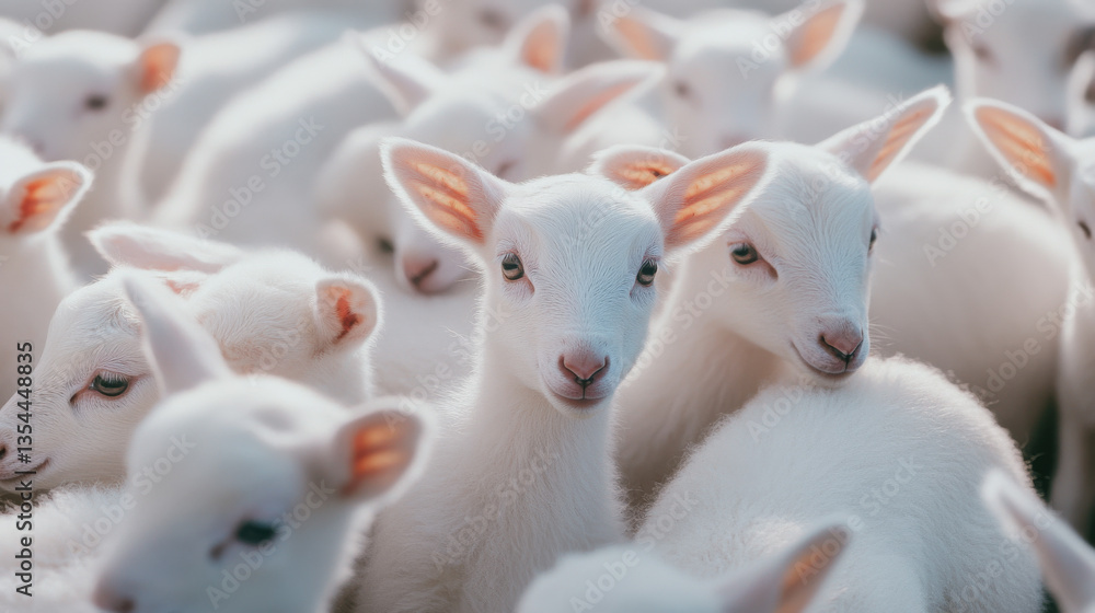 Fototapeta premium A captivating close-up of baby goats with soft white fur, isolated on a transparent background, showcasing their playful nature and curiosity.