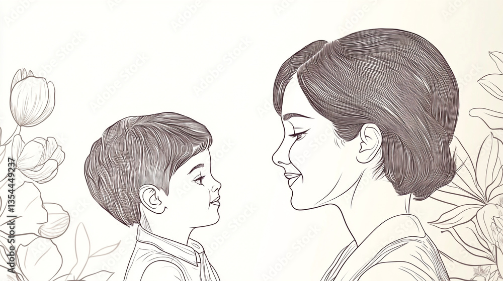 A line art drawing of a mother and son facing each other with floral elements on a light background A line art drawing of a mother and son facing each other with floral elements on a light background