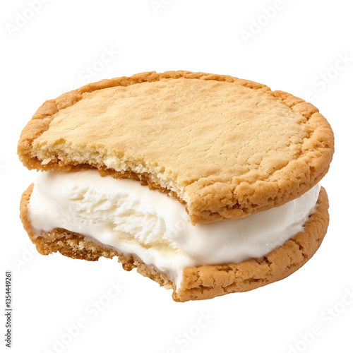 Cookie ice cream sandwich with bite taken out isolated on white background
