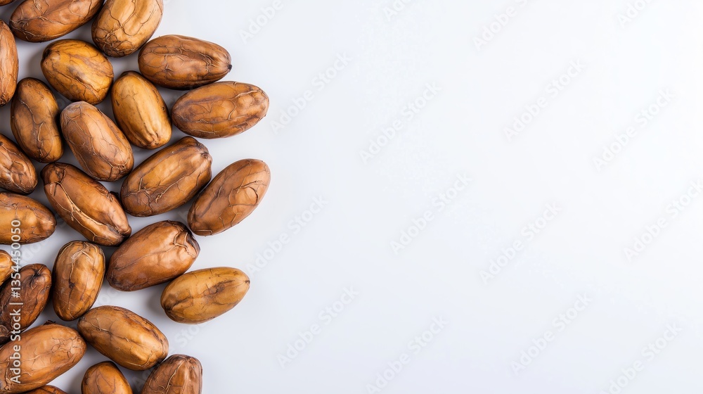 High-quality image of roasted cocoa beans arranged on a clean white background providing ample copy space ideal for presentations or marketing materials showcasing delicious High-quality image of roasted cocoa beans arranged on a clean white background providing ample copy space ideal for presentations or marketing materials showcasing delicious