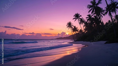 Fototapeta Naklejka Na Ścianę i Meble -  Spectacular Violet Sunset Over a Secluded Tropical Beach with Palm Trees Silhouetted Against the Vibrant Evening Sky,4k