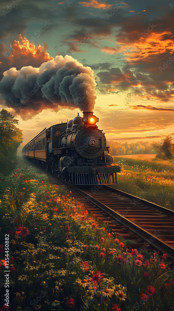 Obraz premium Timeless Journey: A Harmony of Steam and Sunset Across Countryside Rails