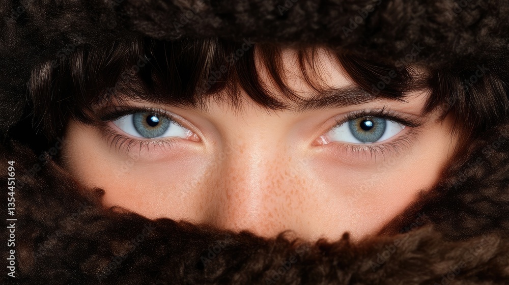 Close-up of a young woman's face. Eyes, and a brown knitted scarf partially cover the face Close-up of a young woman's face. Eyes, and a brown knitted scarf partially cover the face