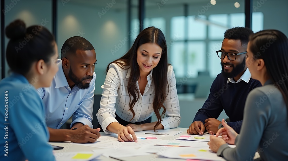 A diverse team collaborates in a modern office. A woman leads the discussion, pointing at documents while colleagues engage in a productive and strategic meeting.