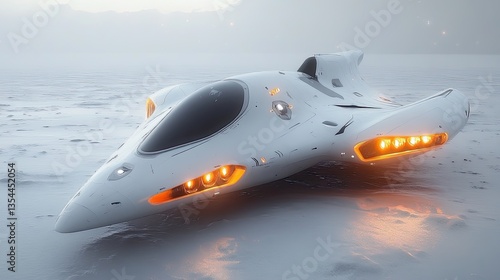 Fototapeta Naklejka Na Ścianę i Meble -  Futuristic Spaceship Landing in Snowy Landscape