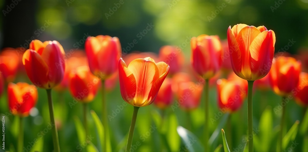 Obraz premium Vibrant tulips blooming amidst fresh green foliage in sunny garden, vibrant, tulips