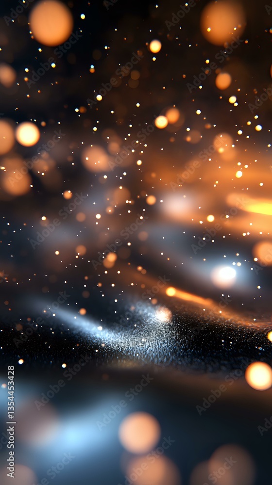 Fototapeta premium Magical glowing particles and bokeh lights floating in dark space with blue and orange illumination creating dreamy atmospheric background effect.
