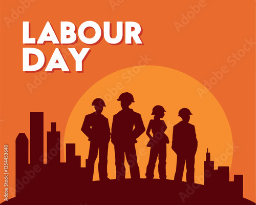 Labour Day Silhouette: Workers in Front of City and Sunrise.