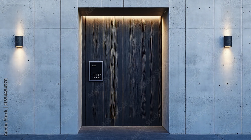 Fototapeta premium A sleek, ultra-modern entrance door made of black wood timber with an integrated smart lock and touch panel, surrounded by smooth concrete walls.