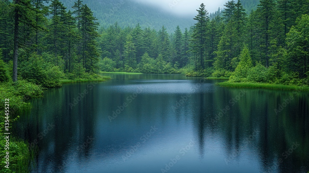 Serene Lake Enveloped by Lush Evergreen Forest under a Misty Sky Serene Lake Enveloped by Lush Evergreen Forest under a Misty Sky