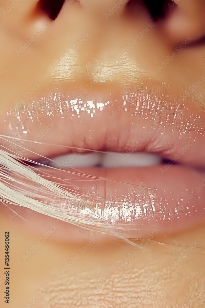 Fototapeta premium Close-up of glossy pink lips with shimmering lip gloss and delicate string creating artistic effect, suitable for beauty and cosmetic advertising campaigns.