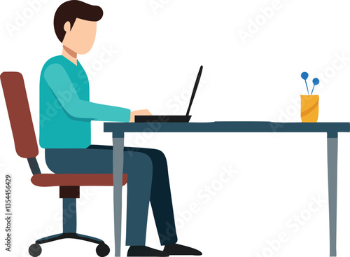 A stylized illustration of a man seated at a desk, working on a laptop.