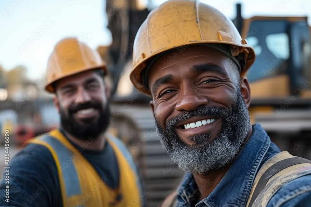Selfie of two construction workers, men with big, genuine smiles Selfie of two construction workers, men with big, genuine smiles