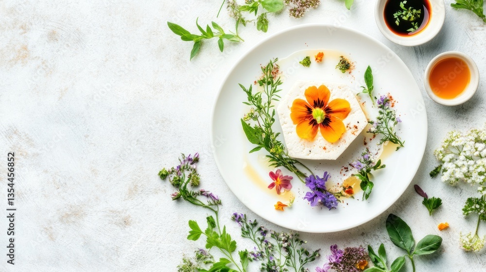 Floral Tofu Dish, Herb Garnish, Tabletop, Light Background, Recipe Floral Tofu Dish, Herb Garnish, Tabletop, Light Background, Recipe