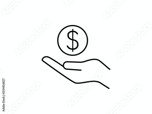 Minimalist Black Hand Holding Dollar Coin Icon on White Background for Finance and Payment Designs