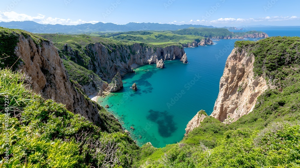Fototapeta premium Coastal Cliffs Overlooking Turquoise Waters with Rugged Cliffs and Mountains