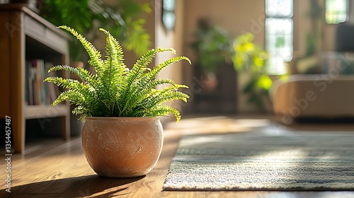 Fern plant in pot on hardwood floor in sunlit room.