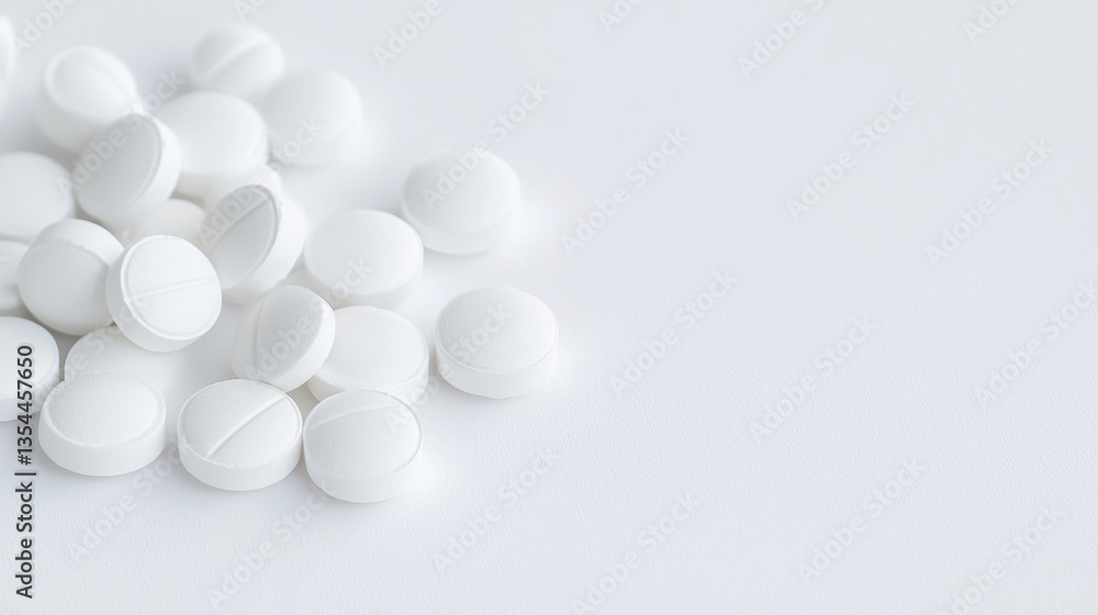 White round pills scattered on clean surface, symbolizing health and medication White round pills scattered on clean surface, symbolizing health and medication