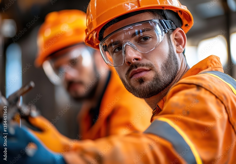 Two workers wearing orange safety uniforms and yellow hard hats, with safety goggles, blurred background Two workers wearing orange safety uniforms and yellow hard hats, with safety goggles, blurred background