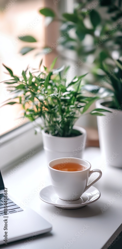 A clean white desk with a cup of tea and a laptop, green plants and a bright window in the background A clean white desk with a cup of tea and a laptop, green plants and a bright window in the background