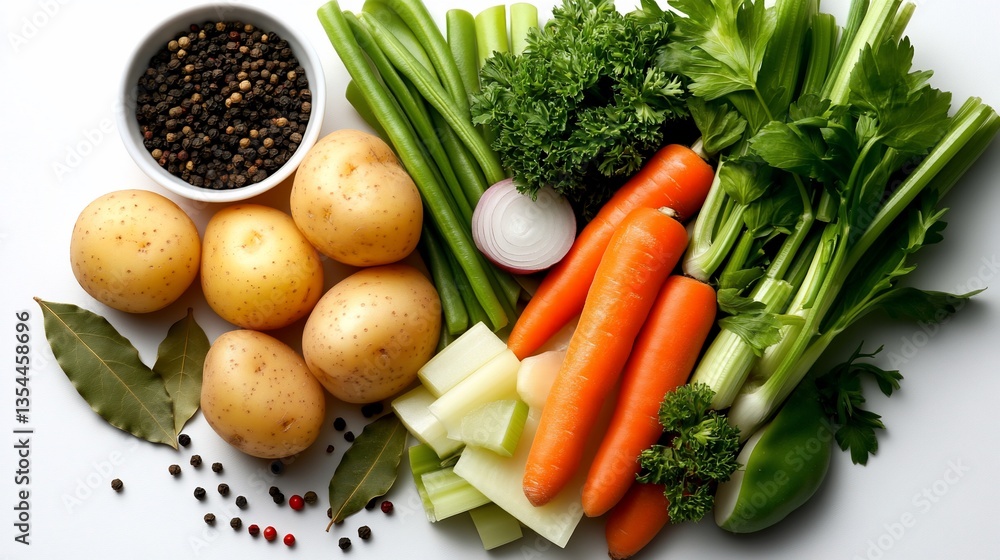Assortment of vibrant raw vegetables and savory spices for culinary preparation Assortment of vibrant raw vegetables and savory spices for culinary preparation