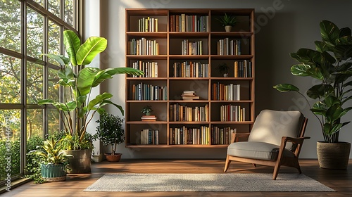 Sunlit reading nook with bookcase, armchair, and plants.