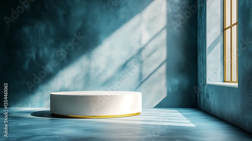White cylindrical podium on teal textured wall background with sunlight.