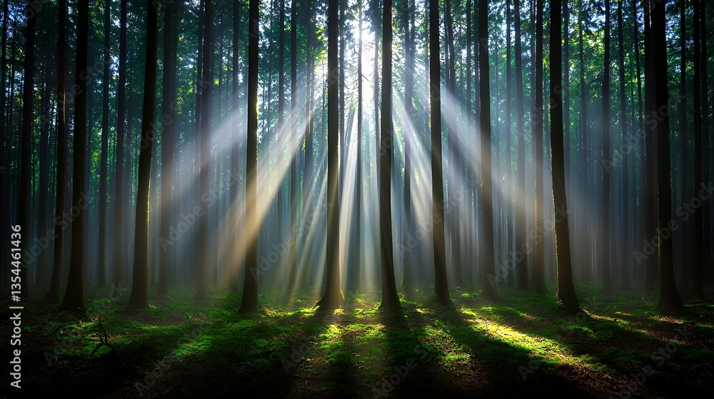 Obraz premium Sunlight Beams Through Forest Trees with Green Moss and Shadows Forming a Beautiful Natural Scene