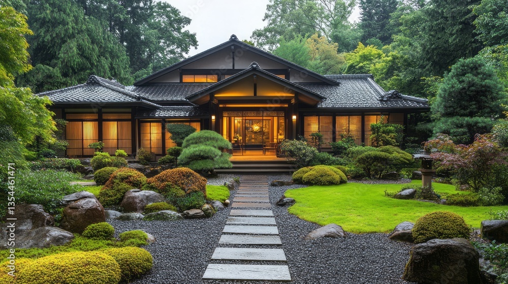 Beautiful japanese style home surrounded by luscious green gardens Beautiful japanese style home surrounded by luscious green gardens