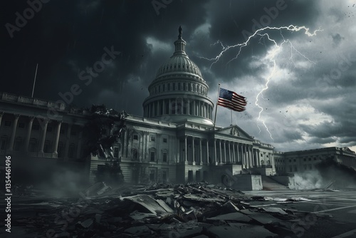 A cracked and crumbling U.S. Capitol building under a stormy sky, with lightning illuminating the fractures in the structure