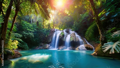Fototapeta Naklejka Na Ścianę i Meble -  Scenic waterfall in a tropical jungle with turquoise water and sun rays filtering through trees