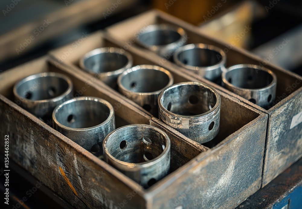 A box of neatly arranged metal ring components in brown paper compartments, blurred background A box of neatly arranged metal ring components in brown paper compartments, blurred background