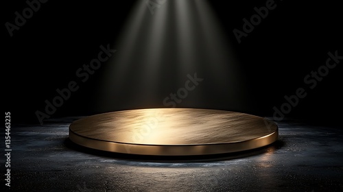Golden round pedestal illuminated by spotlight on dark background.