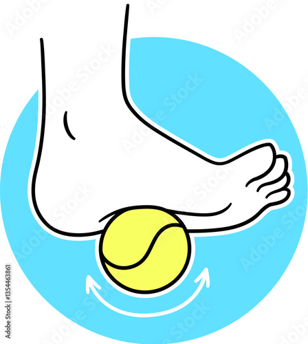Rolling foot on a tennis ball drawing. Physical therapy, self massage, myofascial release. Simple vector clip art illustration.